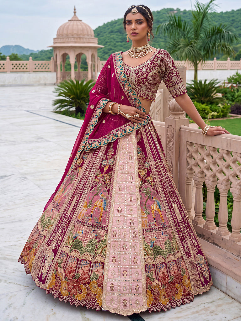 Exclusive Wine Dori Embroidery Banarasi Bridal Lehenga Choli With Dupatta