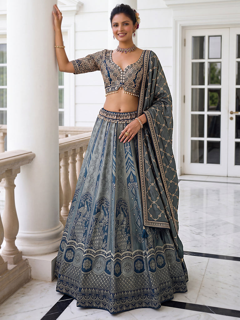 Awesome Grey Zari Weaving Banarasi Silk Designer Lehenga Choli