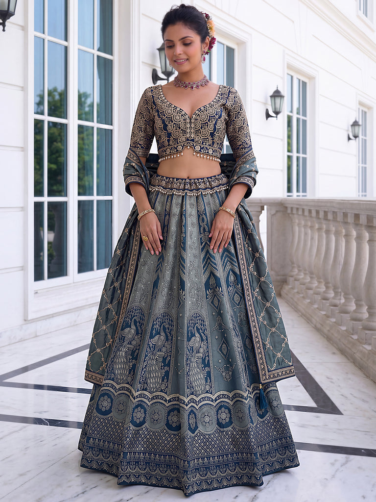 Awesome Grey Zari Weaving Banarasi Silk Designer Lehenga Choli