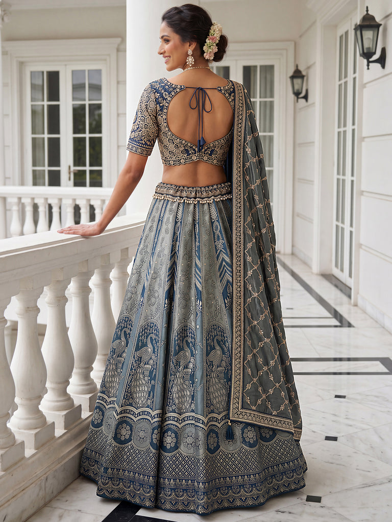 Awesome Grey Zari Weaving Banarasi Silk Designer Lehenga Choli