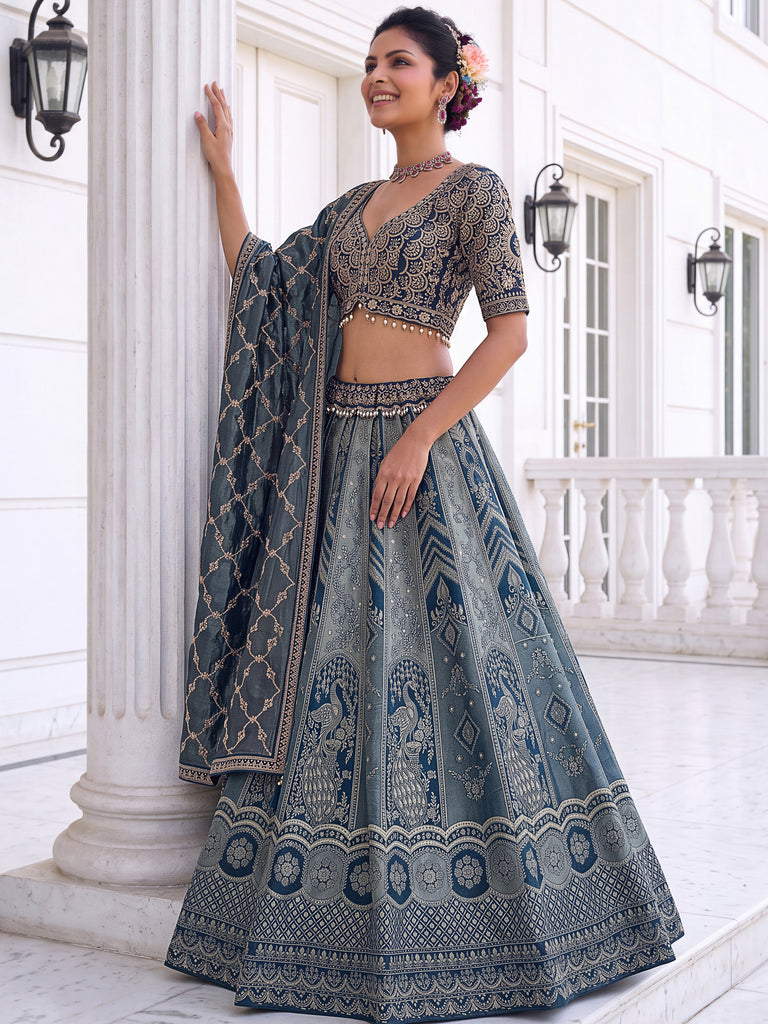 Awesome Grey Zari Weaving Banarasi Silk Designer Lehenga Choli