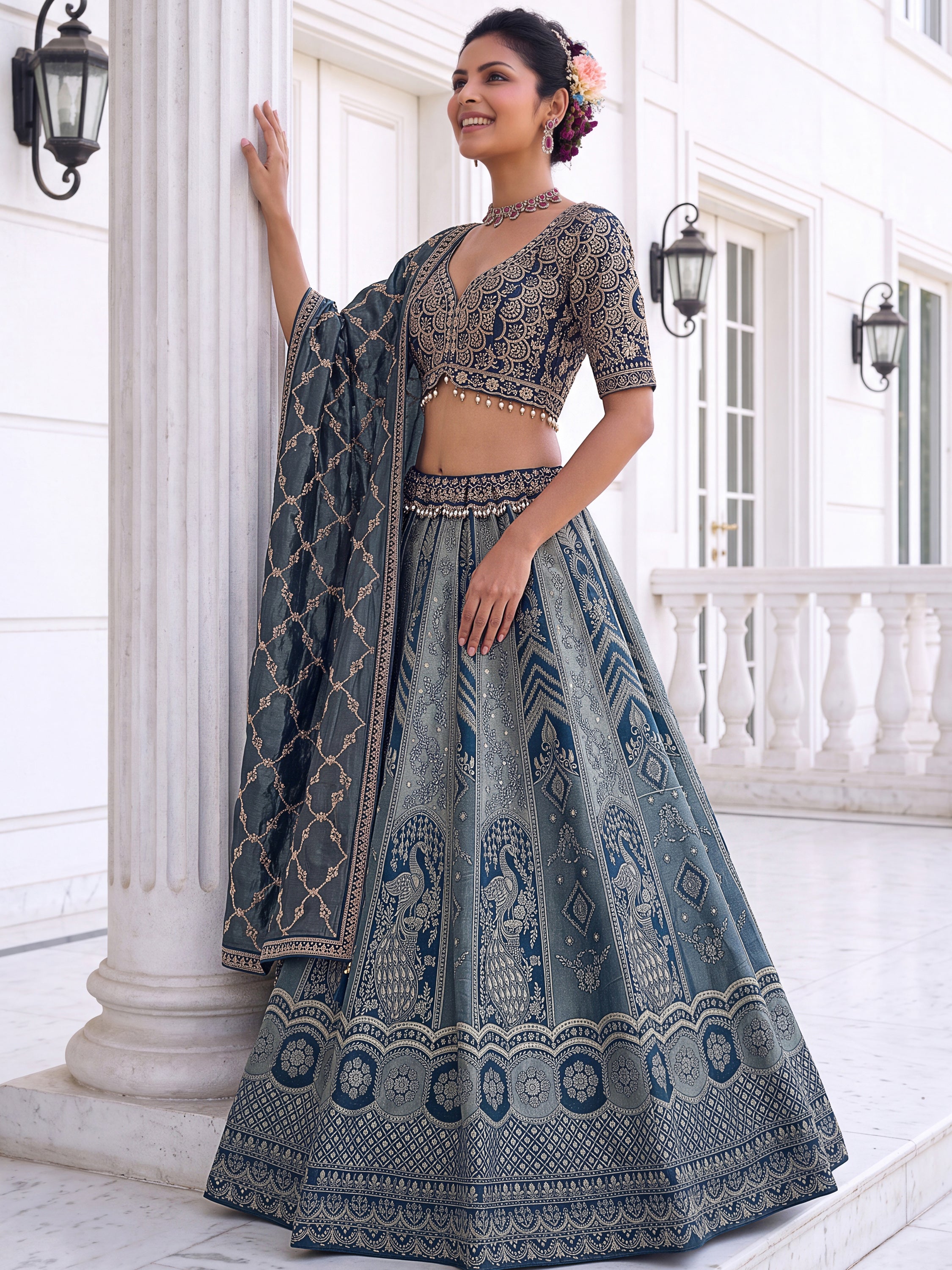 Awesome Grey Zari Weaving Banarasi Silk Designer Lehenga Choli