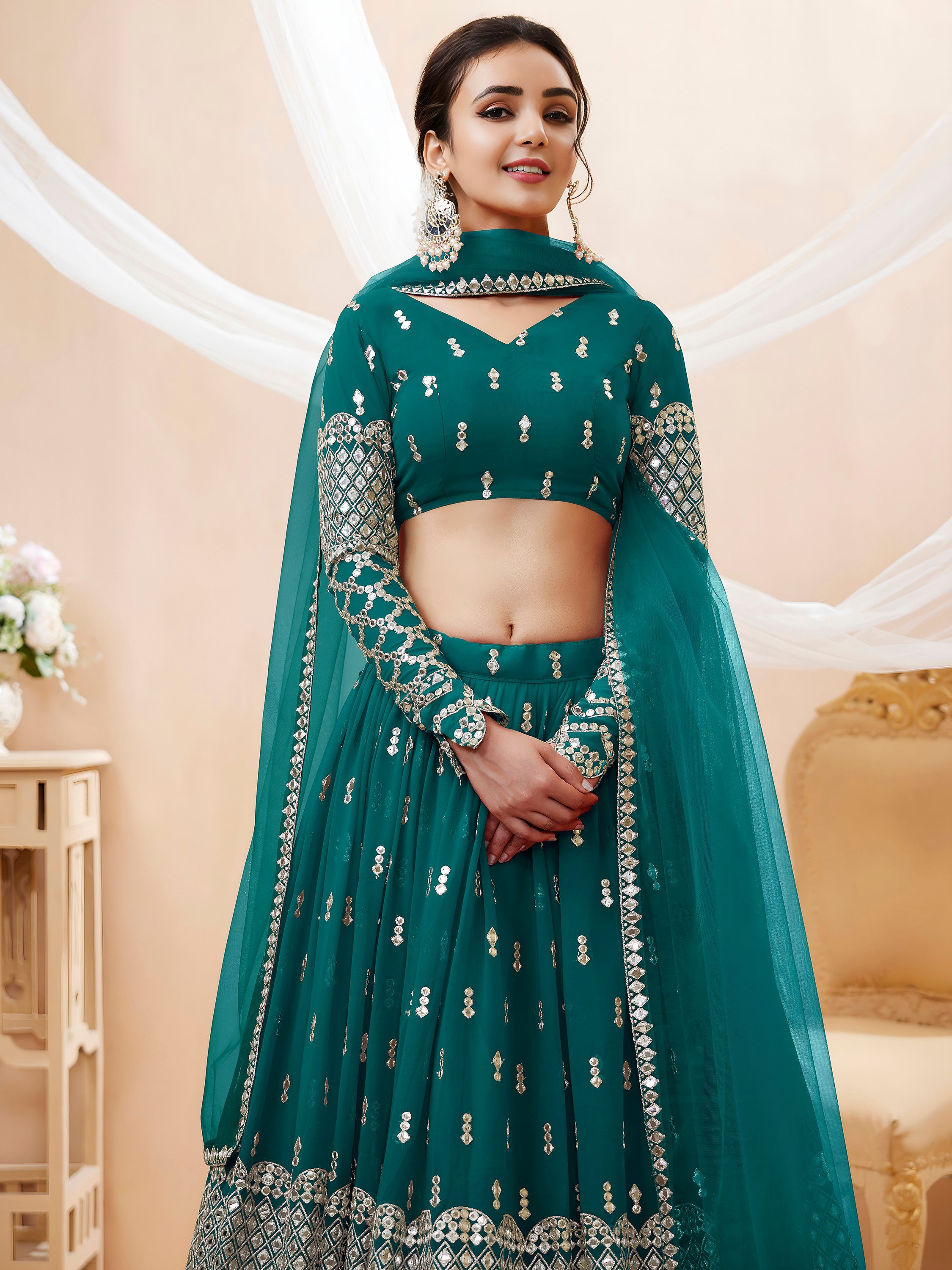Pretty Blue Mirror Work Georgette Wedding Wear Plus Size Lehenga Choli