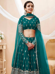 Pretty Blue Mirror Work Georgette Wedding Wear Plus Size Lehenga Choli