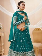 Spectacular Teal Blue Zari Work Georgette Wedding Wear Lehenga Choli
