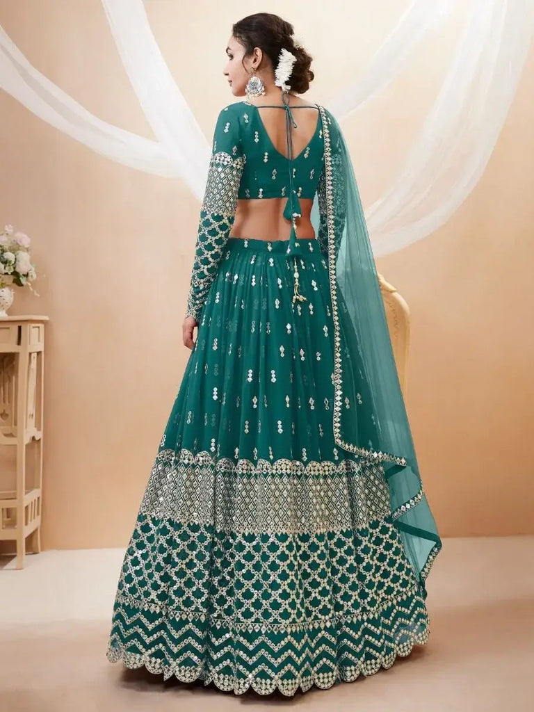 Spectacular Teal Blue Zari Work Georgette Wedding Wear Lehenga Choli
