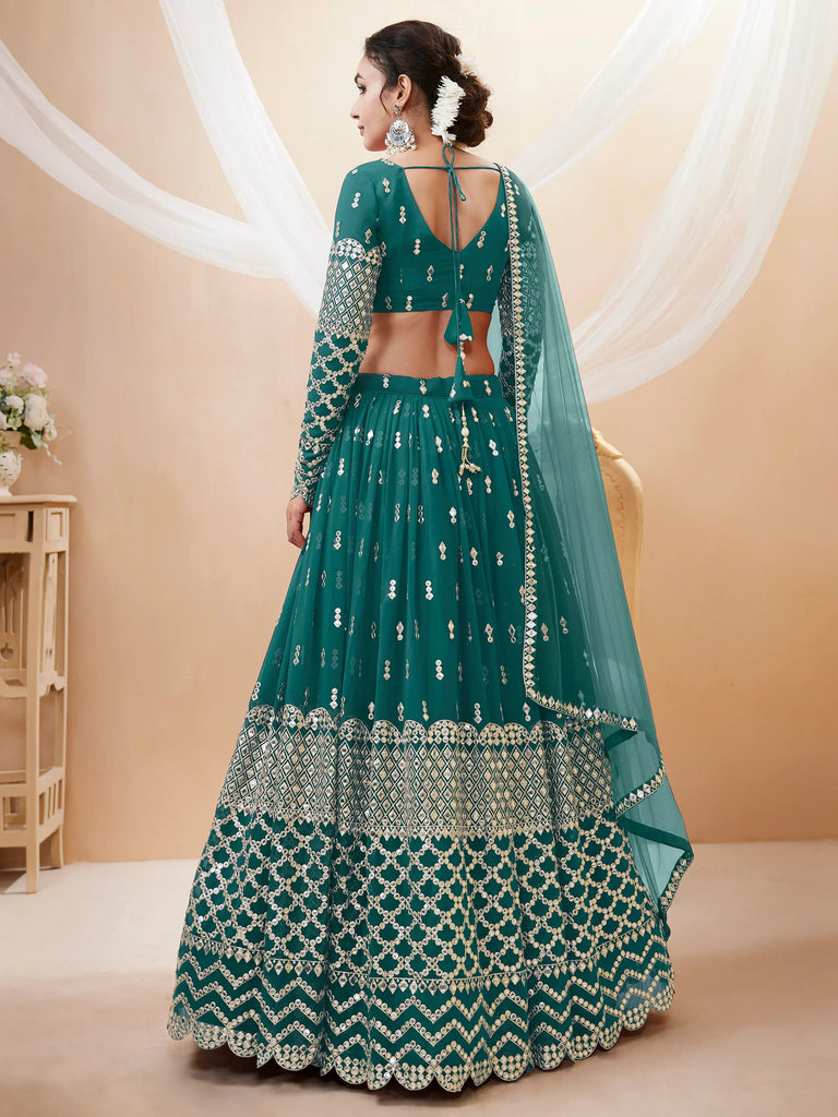 Spectacular Teal Blue Zari Work Georgette Wedding Wear Lehenga Choli