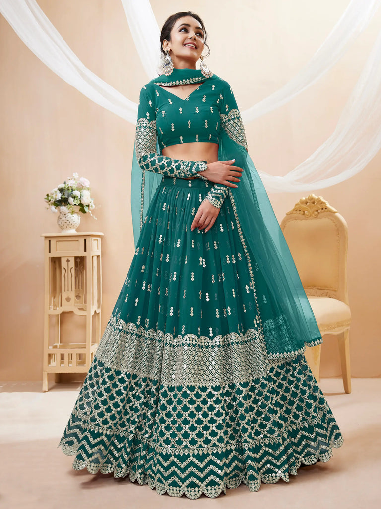 Spectacular Teal Blue Zari Work Georgette Wedding Wear Lehenga Choli