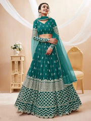Spectacular Teal Blue Zari Work Georgette Wedding Wear Lehenga Choli