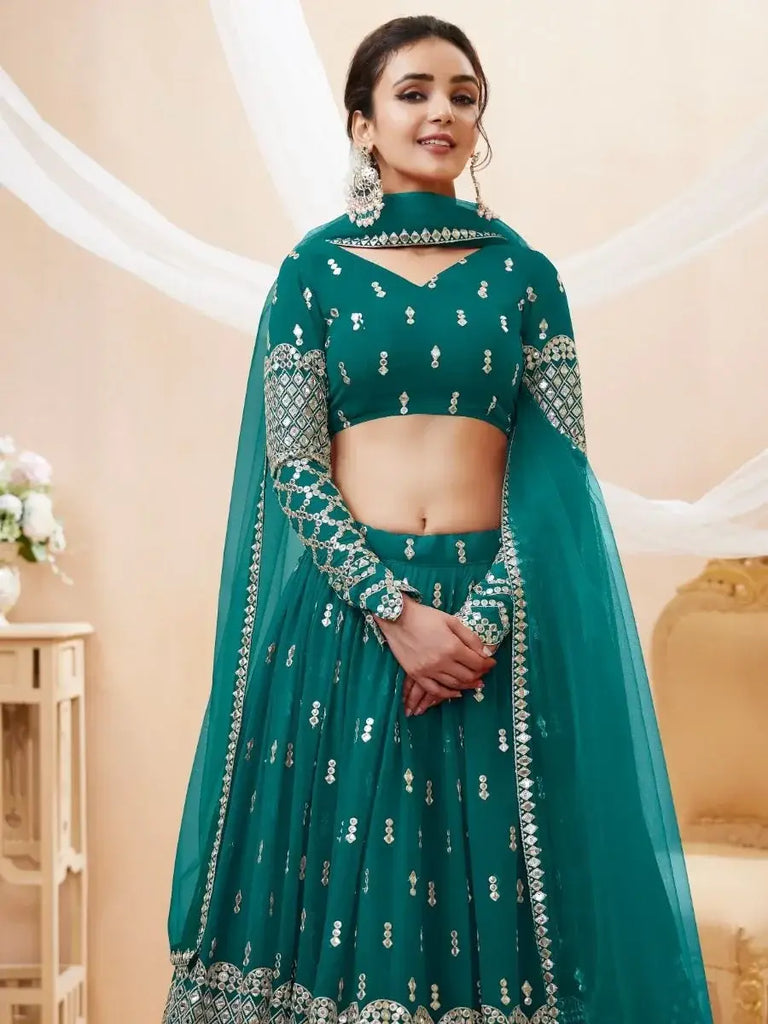 Spectacular Teal Blue Zari Work Georgette Wedding Wear Lehenga Choli
