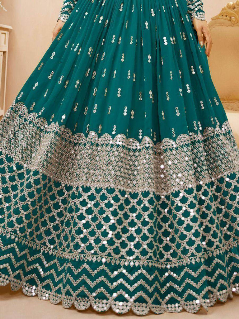 Spectacular Teal Blue Zari Work Georgette Wedding Wear Lehenga Choli