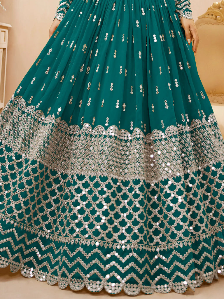 Spectacular Teal Blue Zari Work Georgette Wedding Wear Lehenga Choli