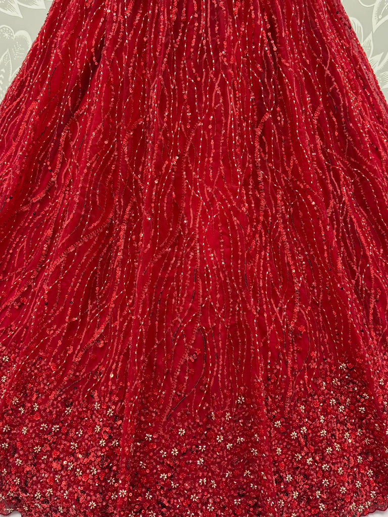 Breathtaking Red Bead Work Net Bridal Lehenga Choli With Dupatta