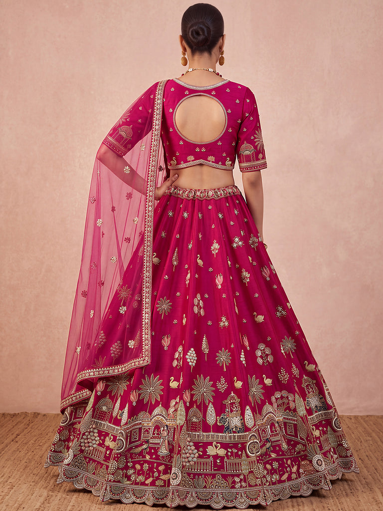 Pretty Rani Pink Hand Work Silk Bridal Lehenga Choli With Double Dupatta