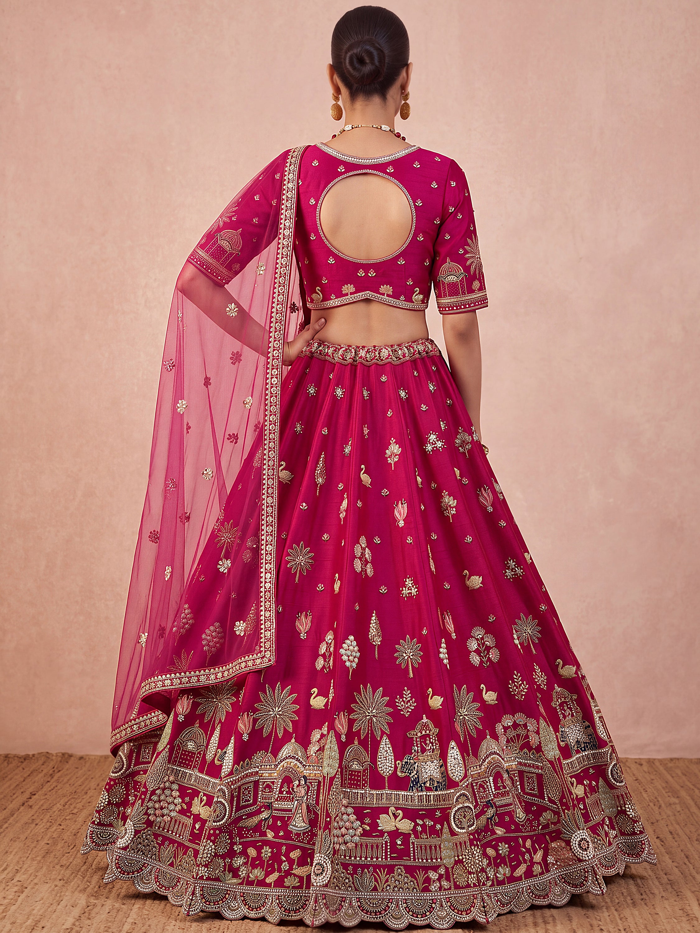 Pretty Rani Pink Hand Work Silk Bridal Lehenga Choli With Double Dupatta