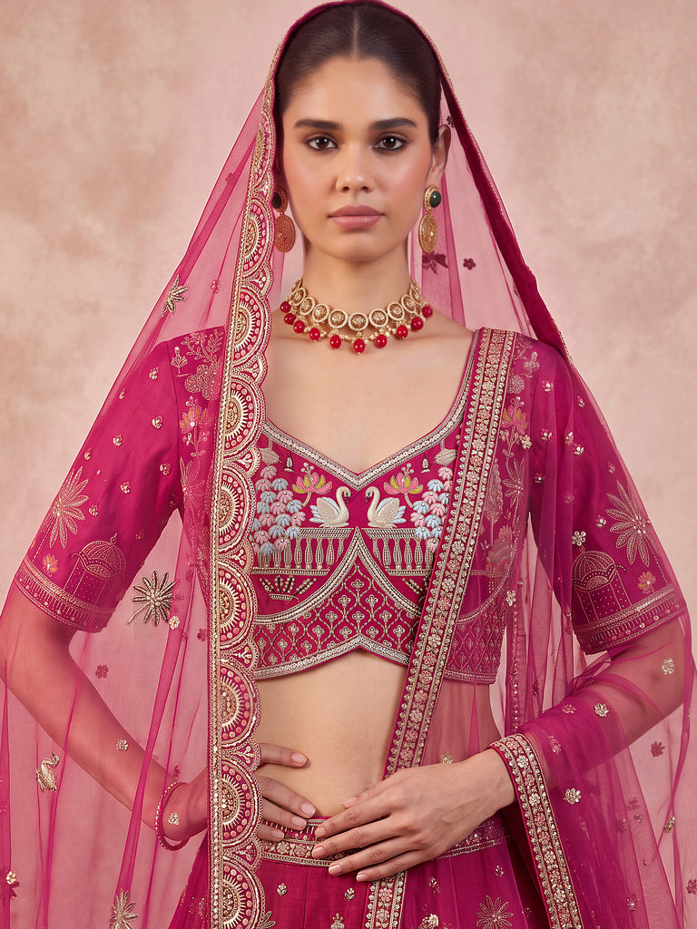 Pretty Rani Pink Hand Work Silk Bridal Lehenga Choli With Double Dupatta