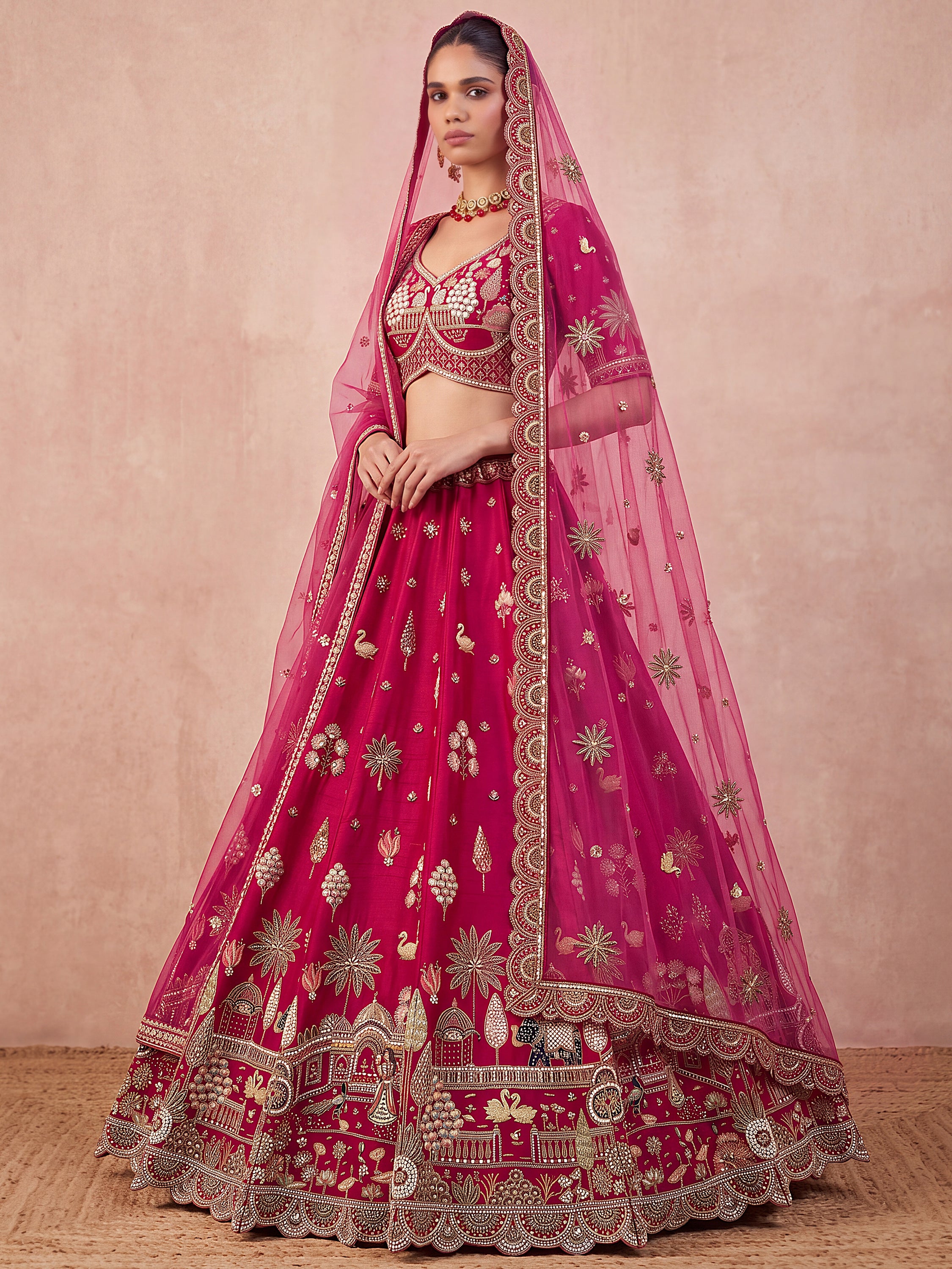 Pretty Rani Pink Hand Work Silk Bridal Lehenga Choli With Double Dupatta