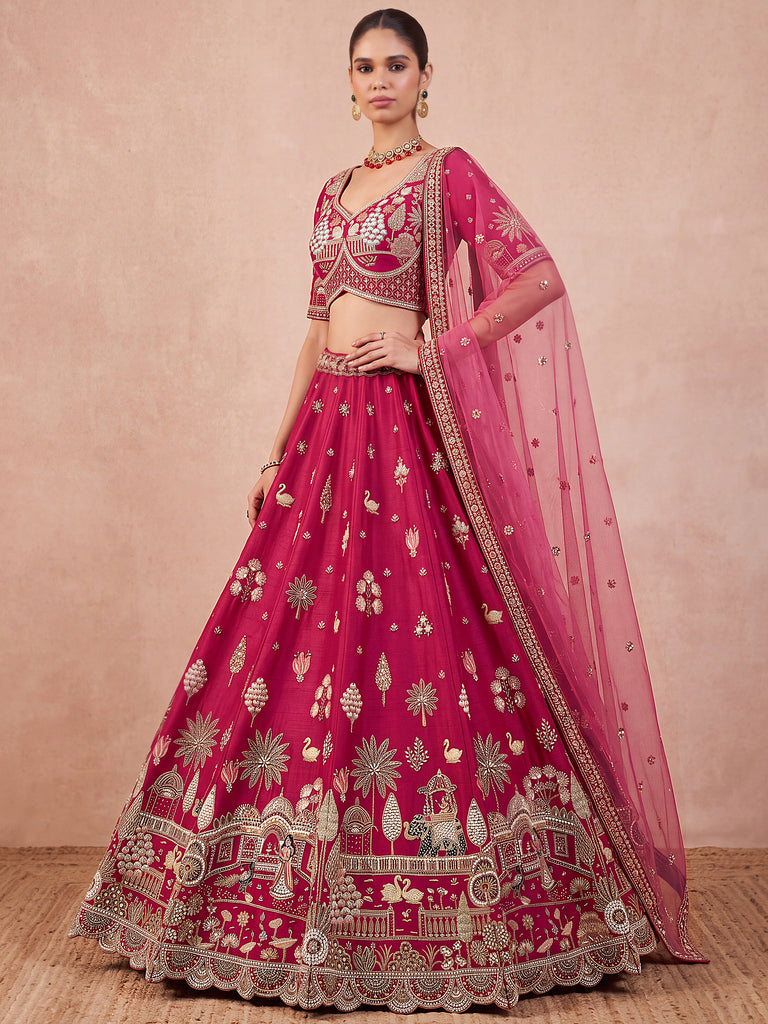 Pretty Rani Pink Hand Work Silk Bridal Lehenga Choli With Double Dupatta