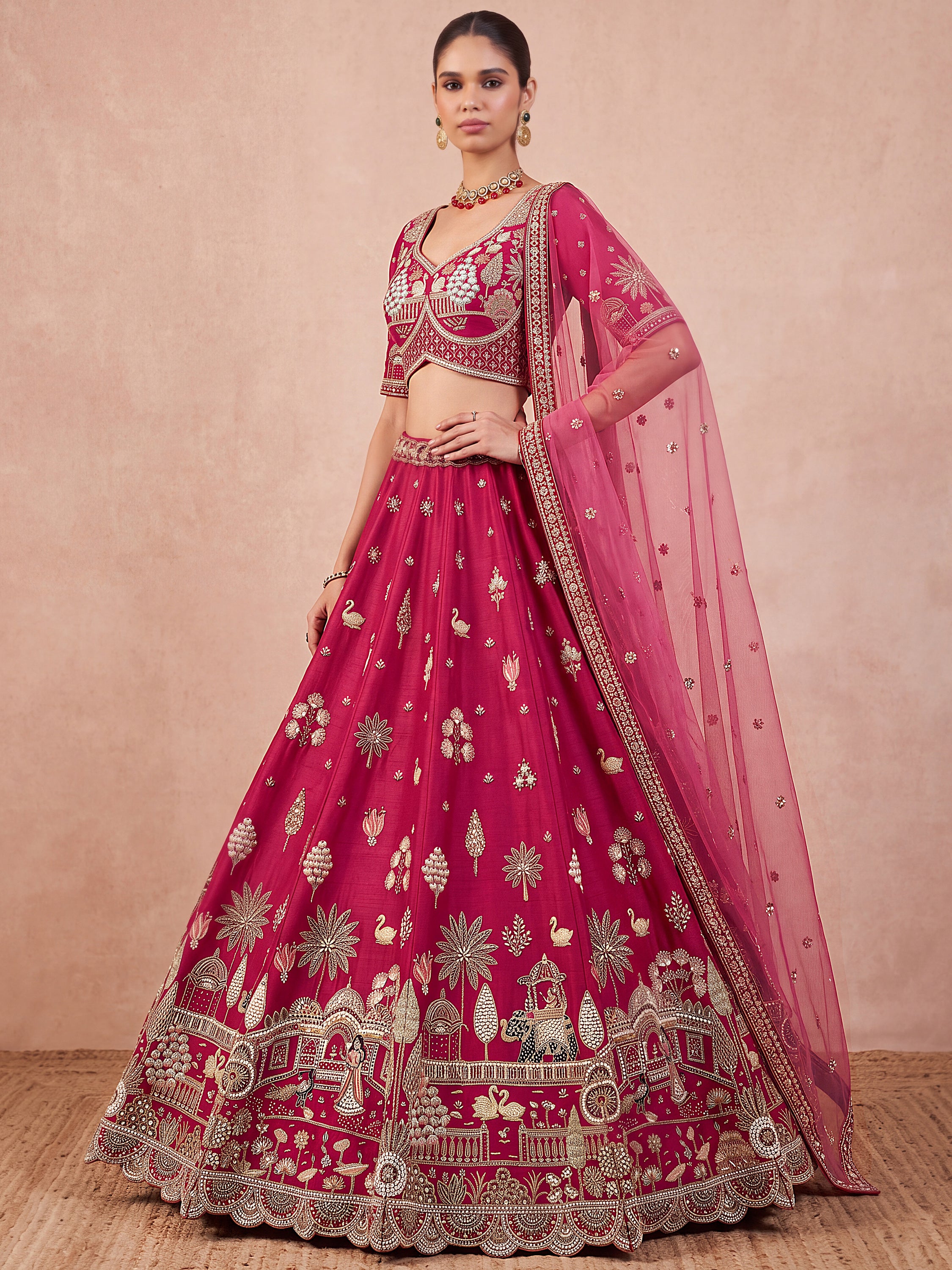 Pretty Rani Pink Hand Work Silk Bridal Lehenga Choli With Double Dupatta