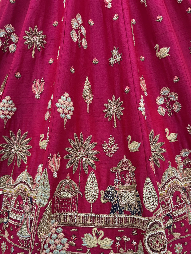 Pretty Rani Pink Hand Work Silk Bridal Lehenga Choli With Double Dupatta
