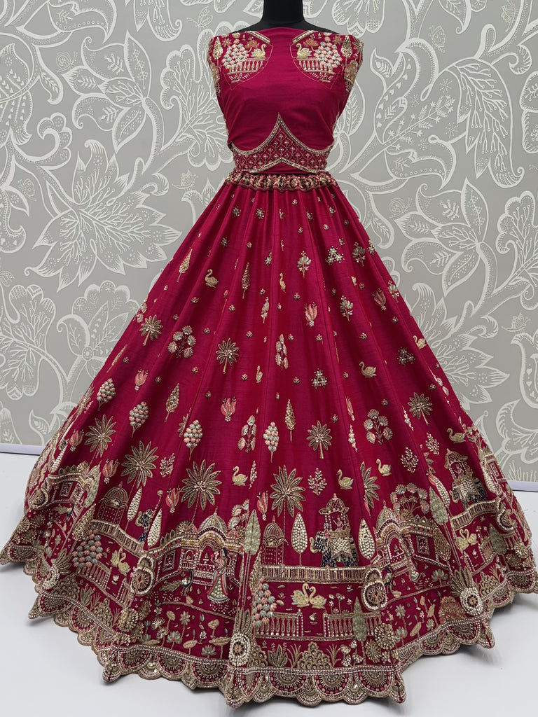Pretty Rani Pink Hand Work Silk Bridal Lehenga Choli With Double Dupatta