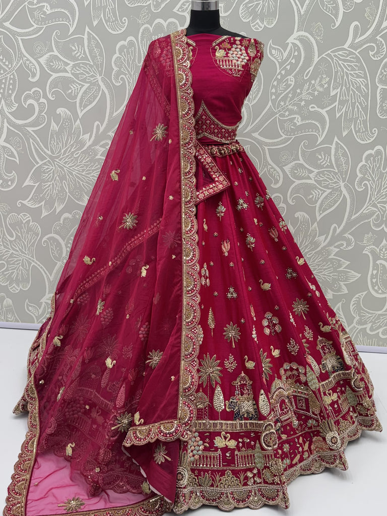 Pretty Rani Pink Hand Work Silk Bridal Lehenga Choli With Double Dupatta