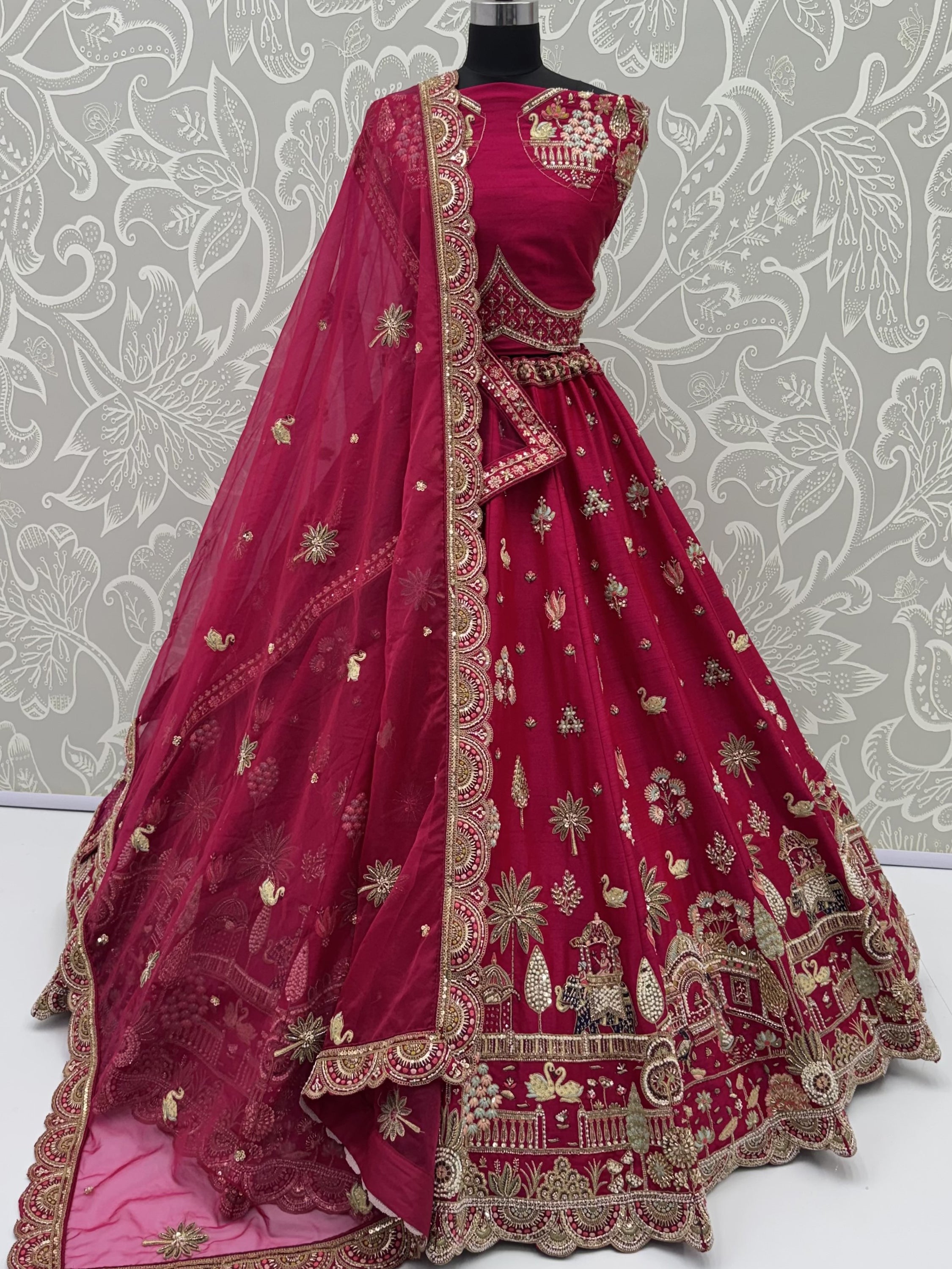 Pretty Rani Pink Hand Work Silk Bridal Lehenga Choli With Double Dupatta