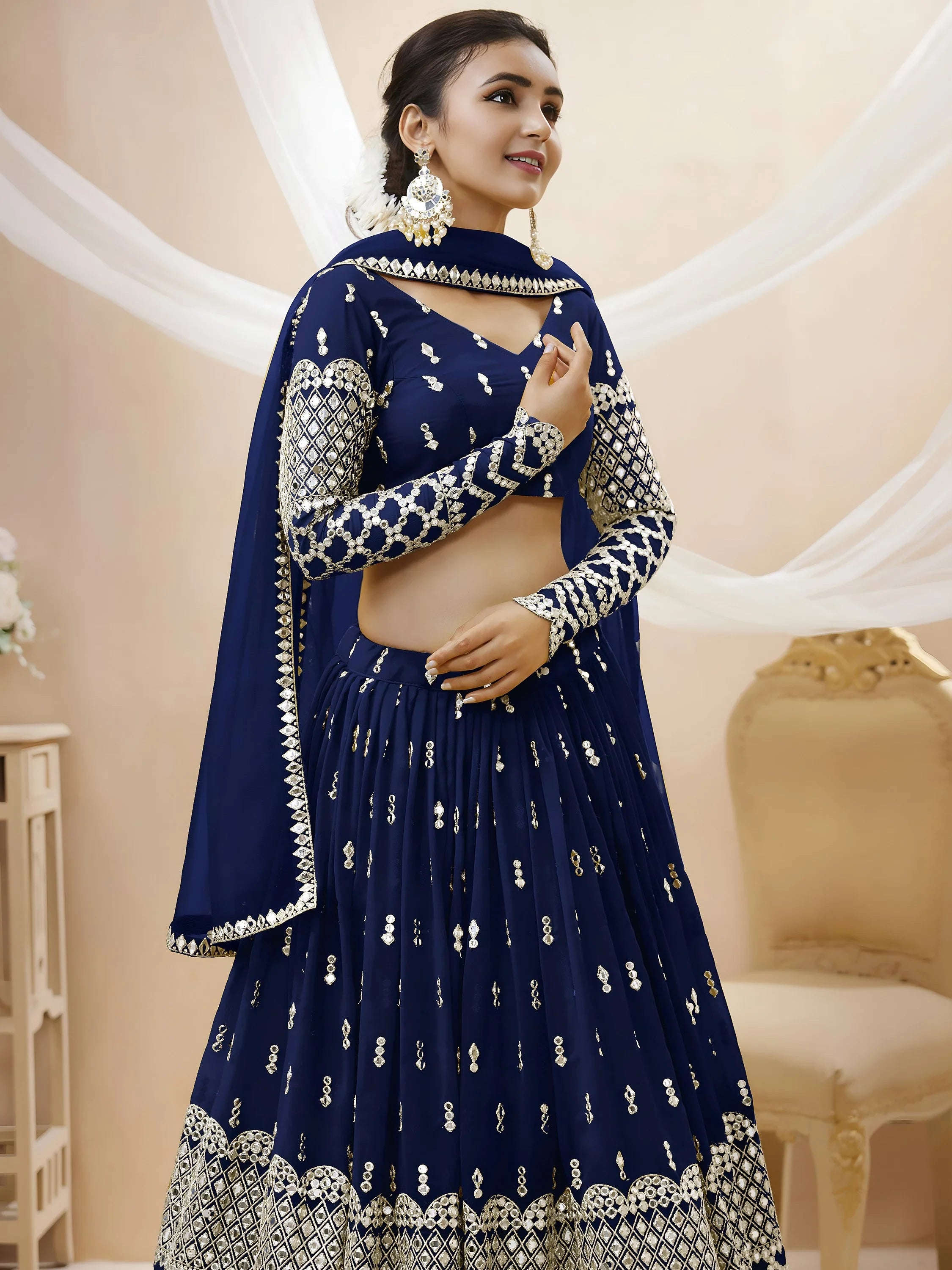 Appealing Navy Blue Sequis Georgette Reception Wear Lehenga Choli