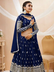 Appealing Navy Blue Sequis Georgette Reception Wear Lehenga Choli