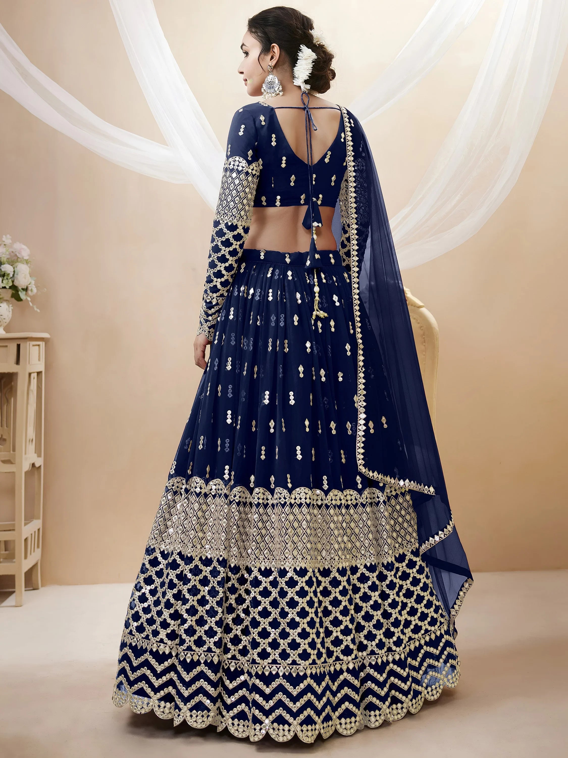 Appealing Navy Blue Sequis Georgette Reception Wear Lehenga Choli