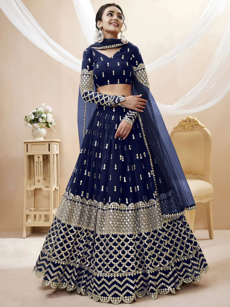 Appealing Navy Blue Sequis Georgette Reception Wear Lehenga Choli