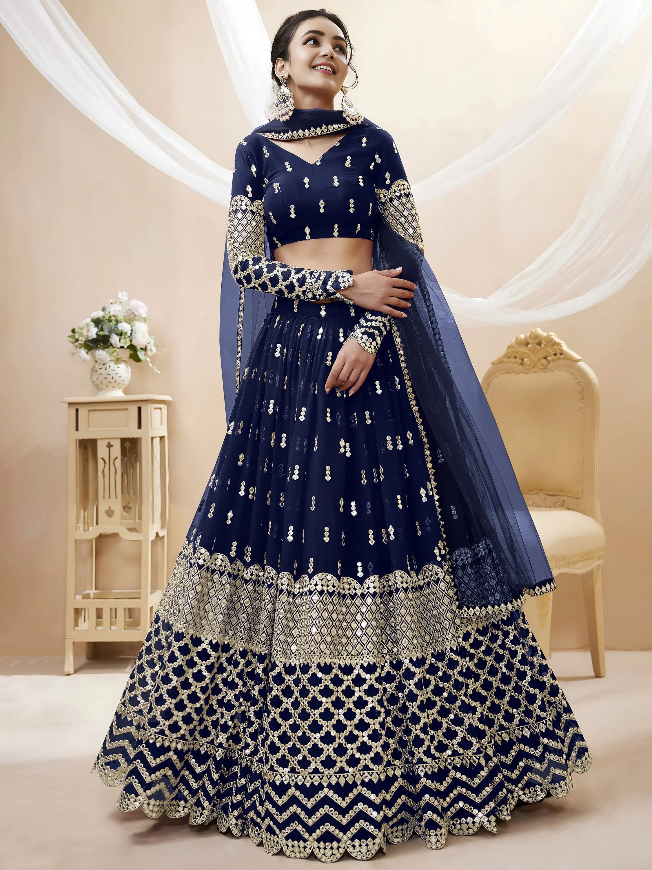 Graceful Navy Blue Zari Embroidered Georgette Plus Size Lehenga Choli