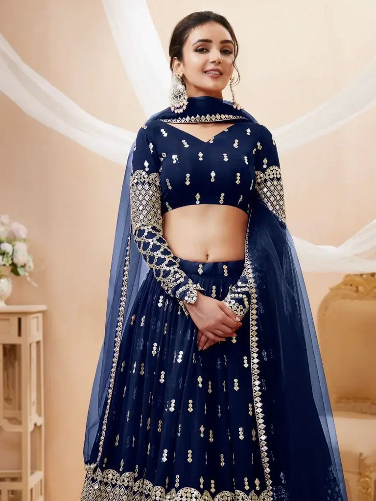 Appealing Navy Blue Sequis Georgette Reception Wear Lehenga Choli