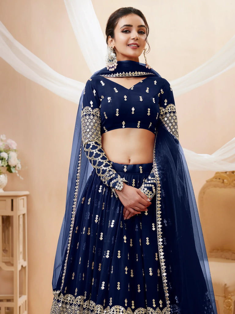 Appealing Navy Blue Sequis Georgette Reception Wear Lehenga Choli