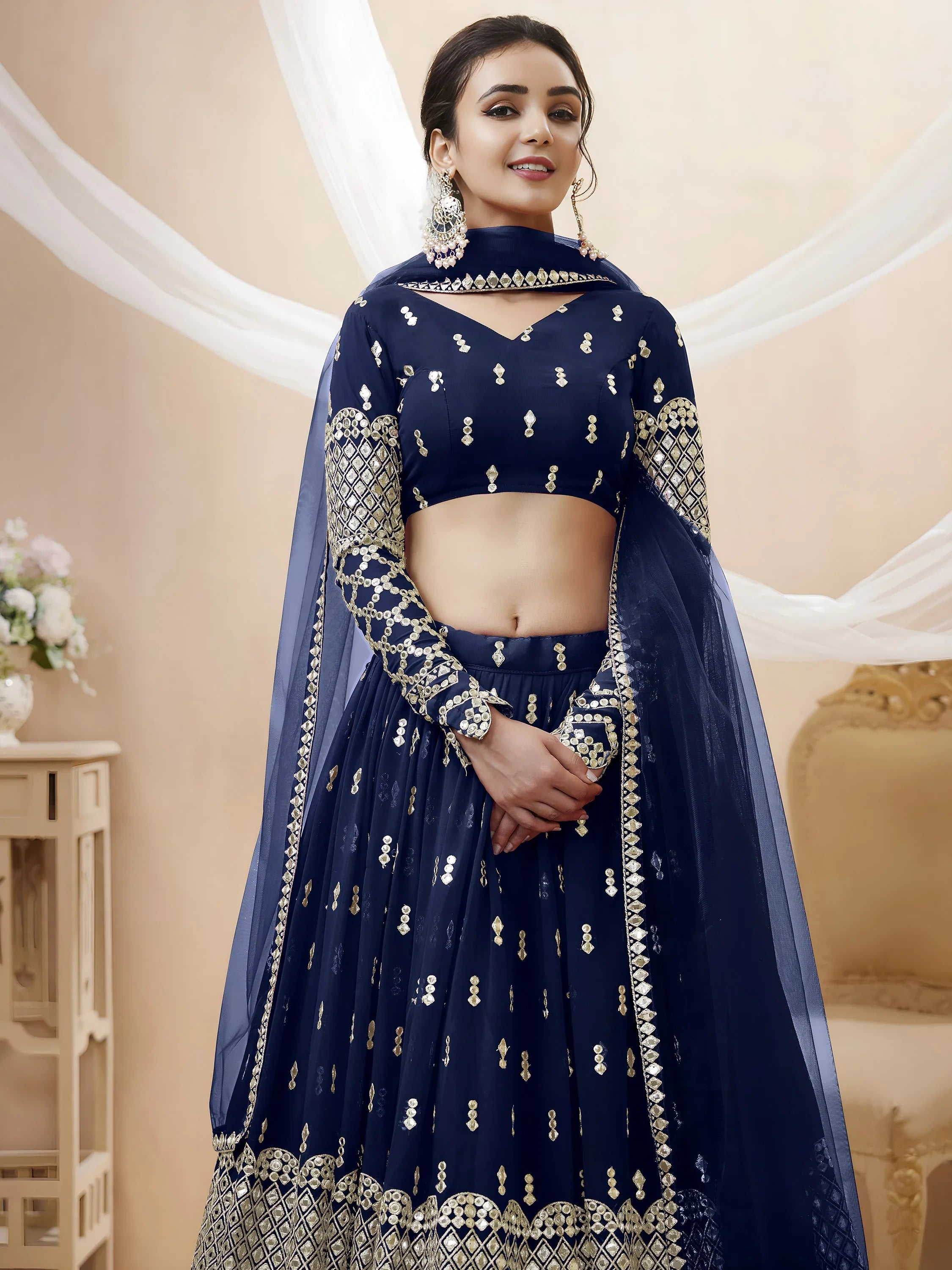 Appealing Navy Blue Sequis Georgette Reception Wear Lehenga Choli