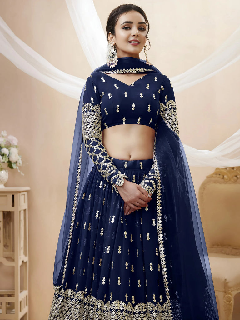 Appealing Navy Blue Sequis Georgette Reception Wear Lehenga Choli