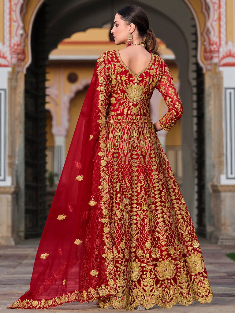 Precious Red Embroidered Net Festive Wear Gown With Dupatta