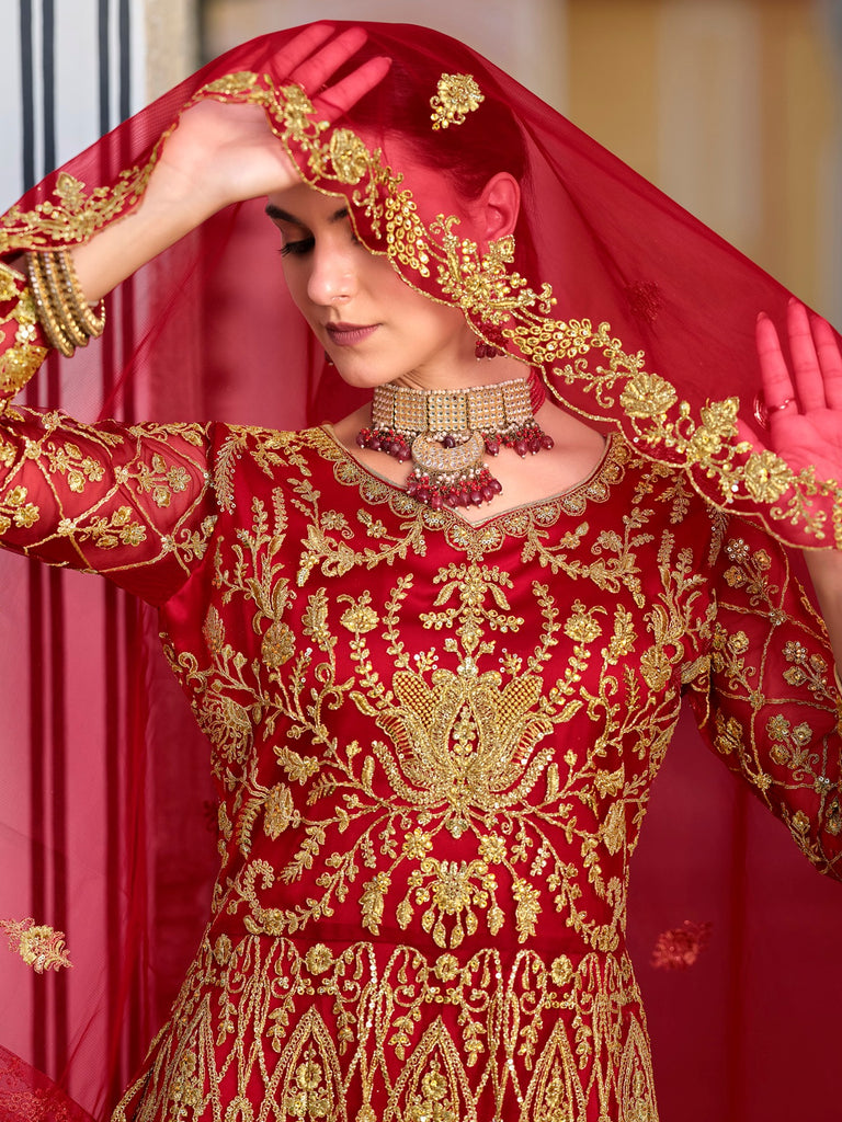 Precious Red Embroidered Net Festive Wear Gown With Dupatta