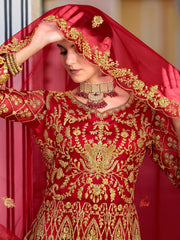 Precious Red Embroidered Net Festive Wear Gown With Dupatta