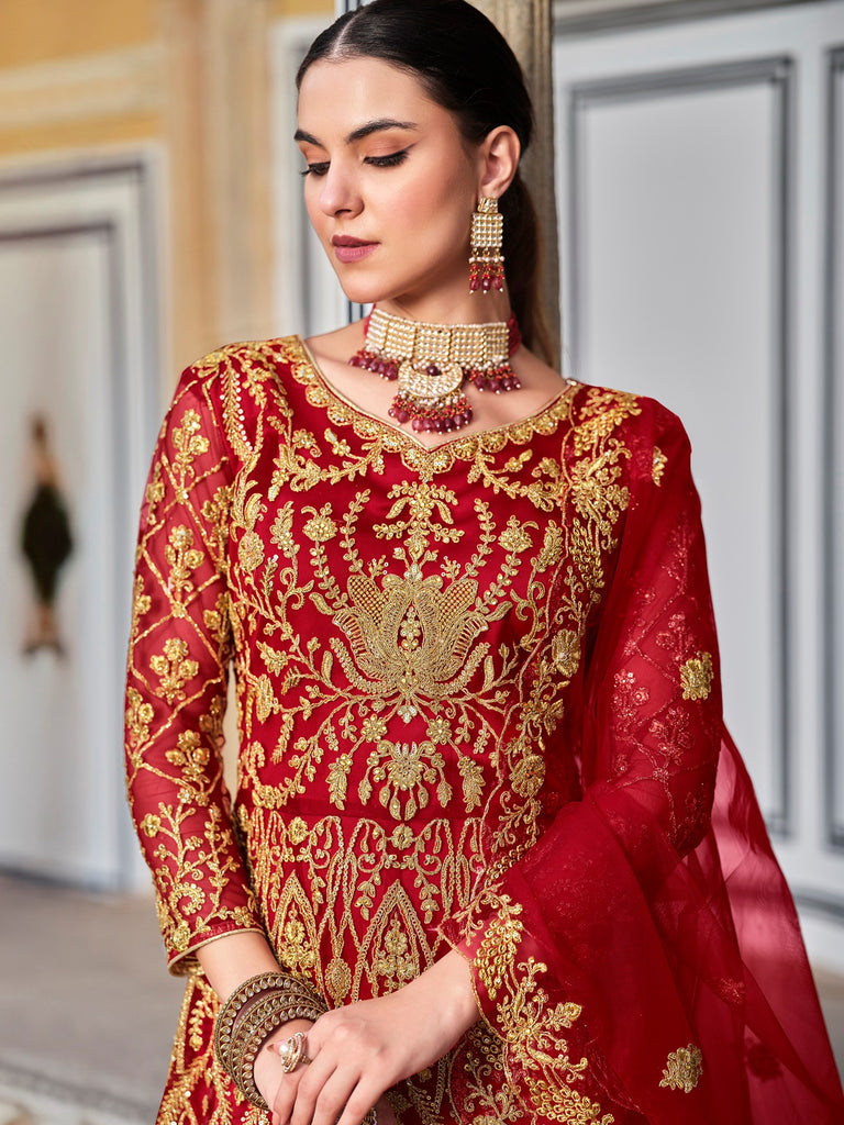 Precious Red Embroidered Net Festive Wear Gown With Dupatta
