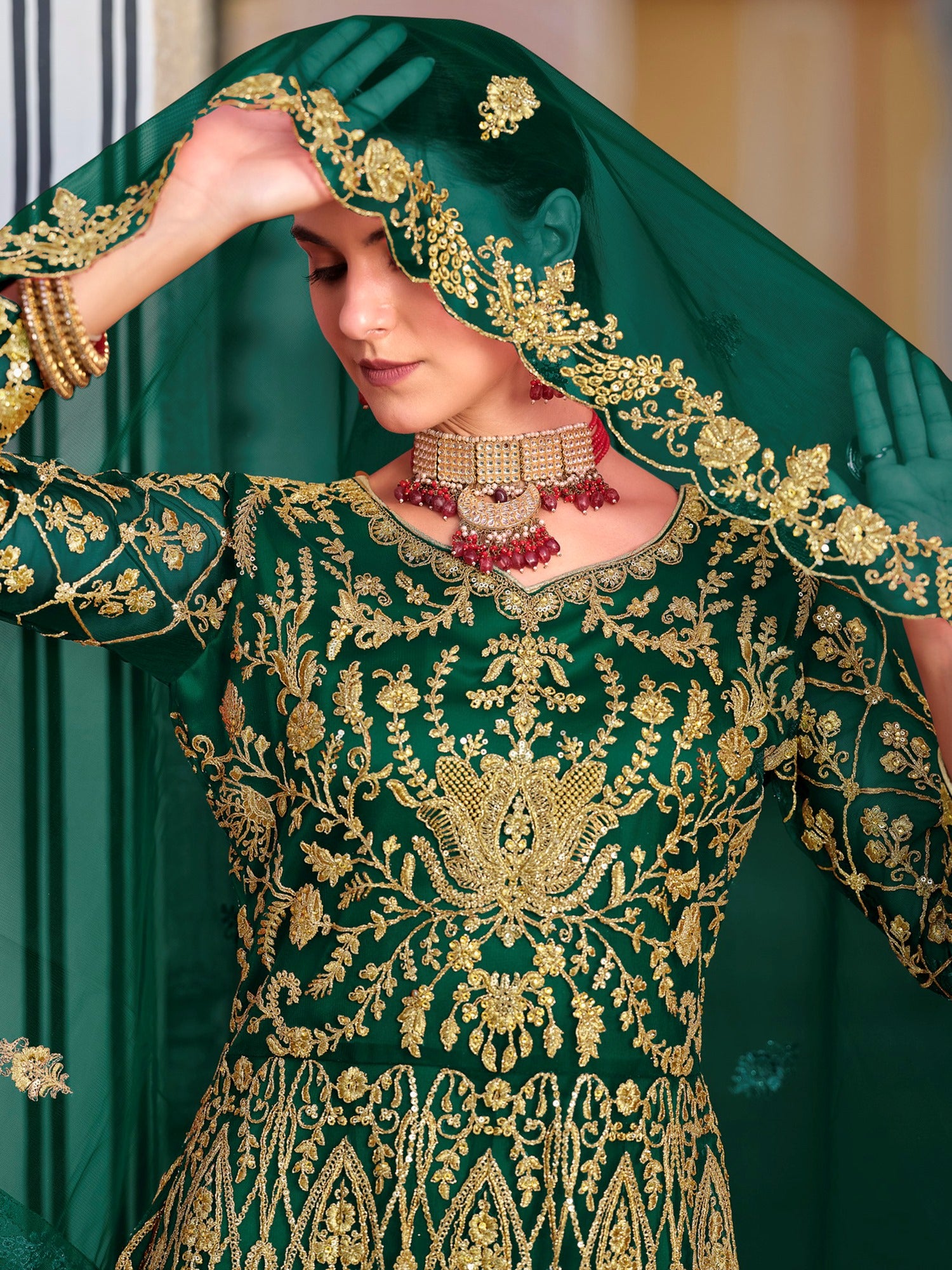 Classic Green Embroidered Net Wedding Wear Gown With Dupatta