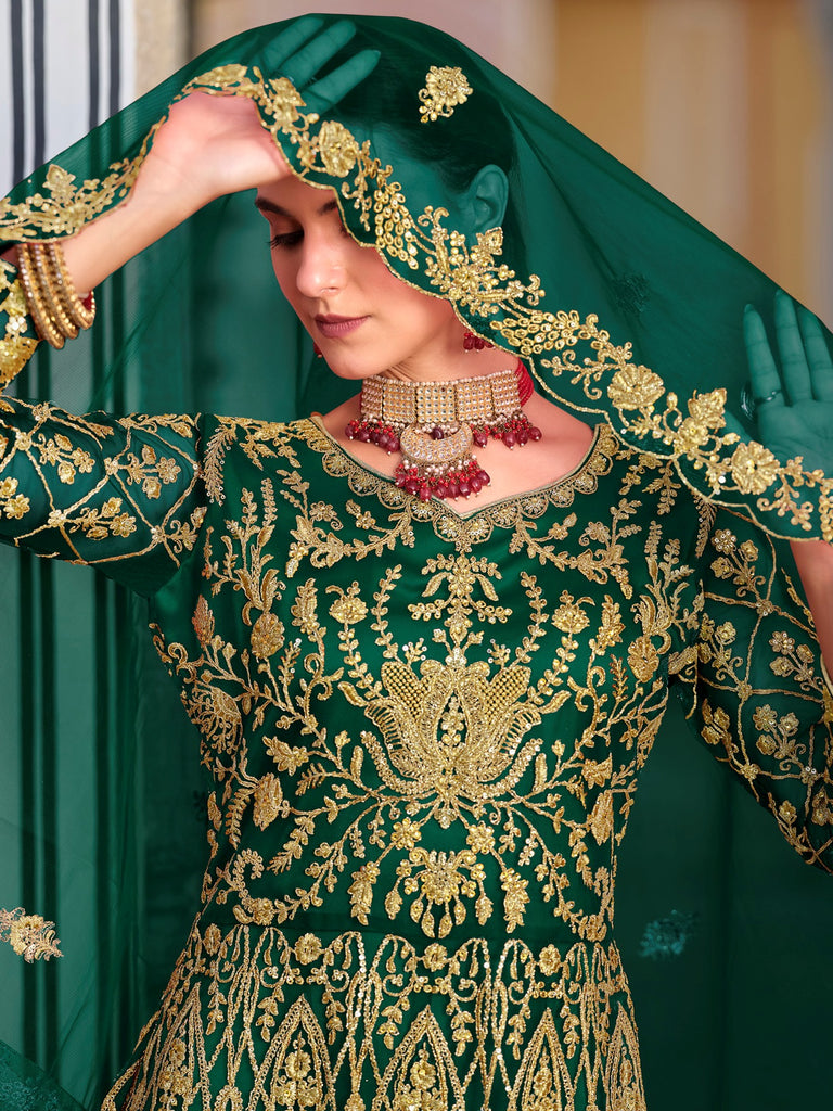 Classic Green Embroidered Net Wedding Wear Gown With Dupatta
