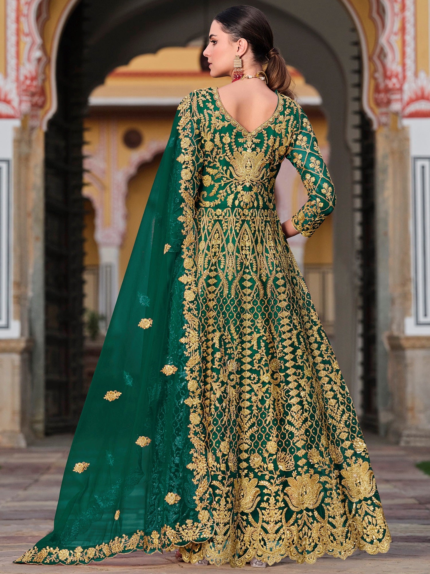 Classic Green Embroidered Net Wedding Wear Gown With Dupatta