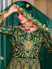 Classic Green Embroidered Net Wedding Wear Gown With Dupatta