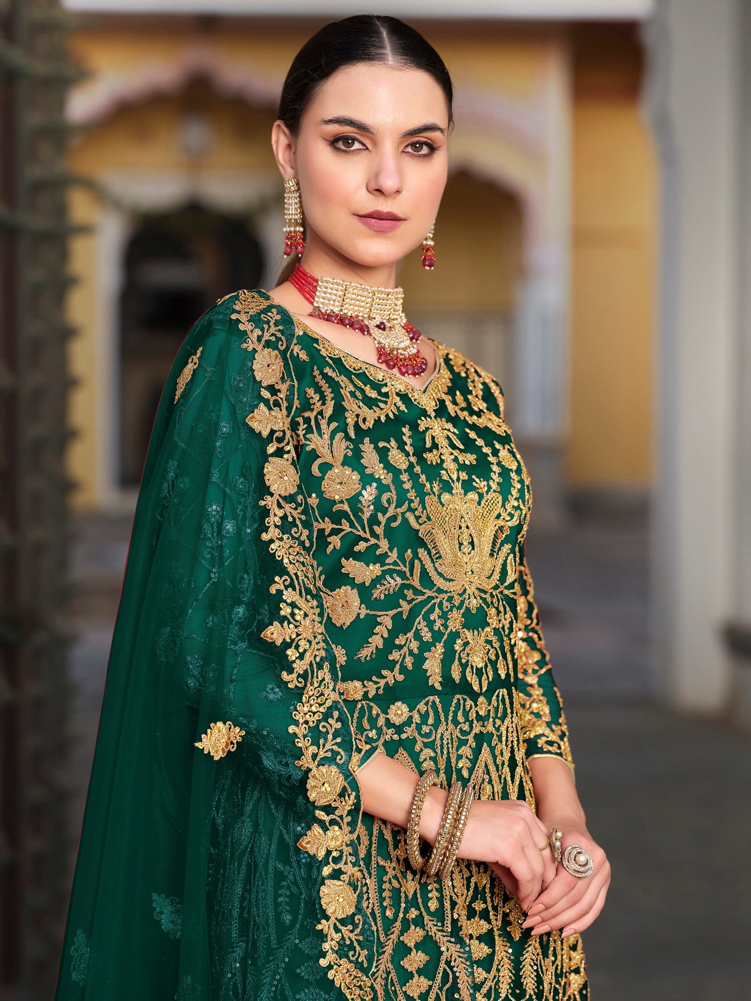 Classic Green Embroidered Net Wedding Wear Gown With Dupatta