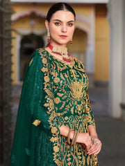Classic Green Embroidered Net Wedding Wear Gown With Dupatta