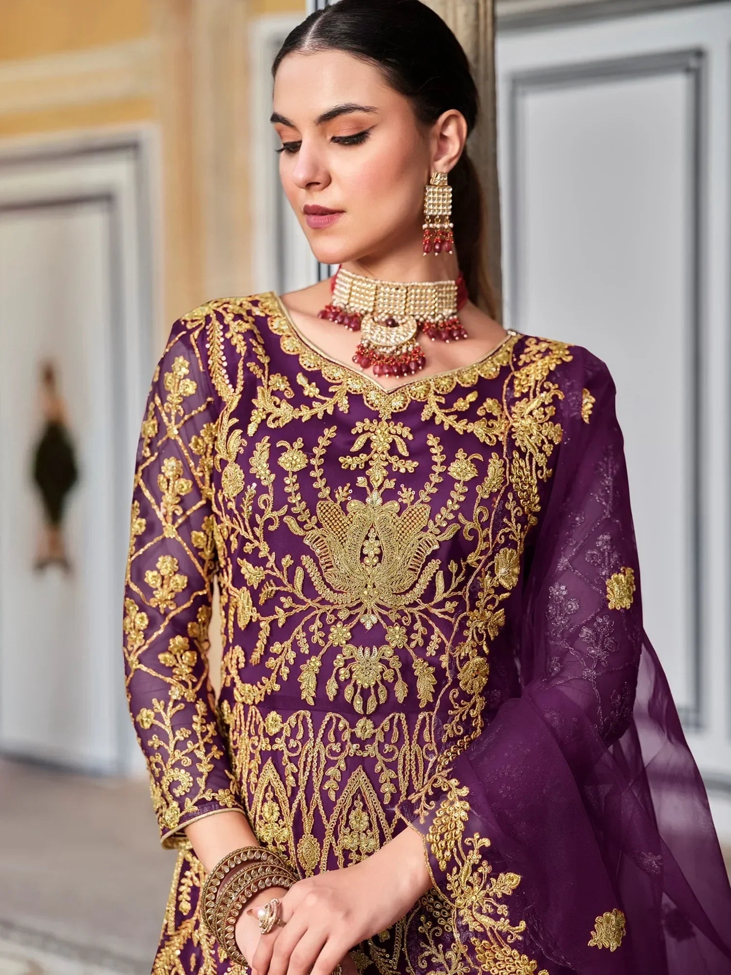 Alluring Wine Embroidered Net Reception Wear Gown With Dupatta