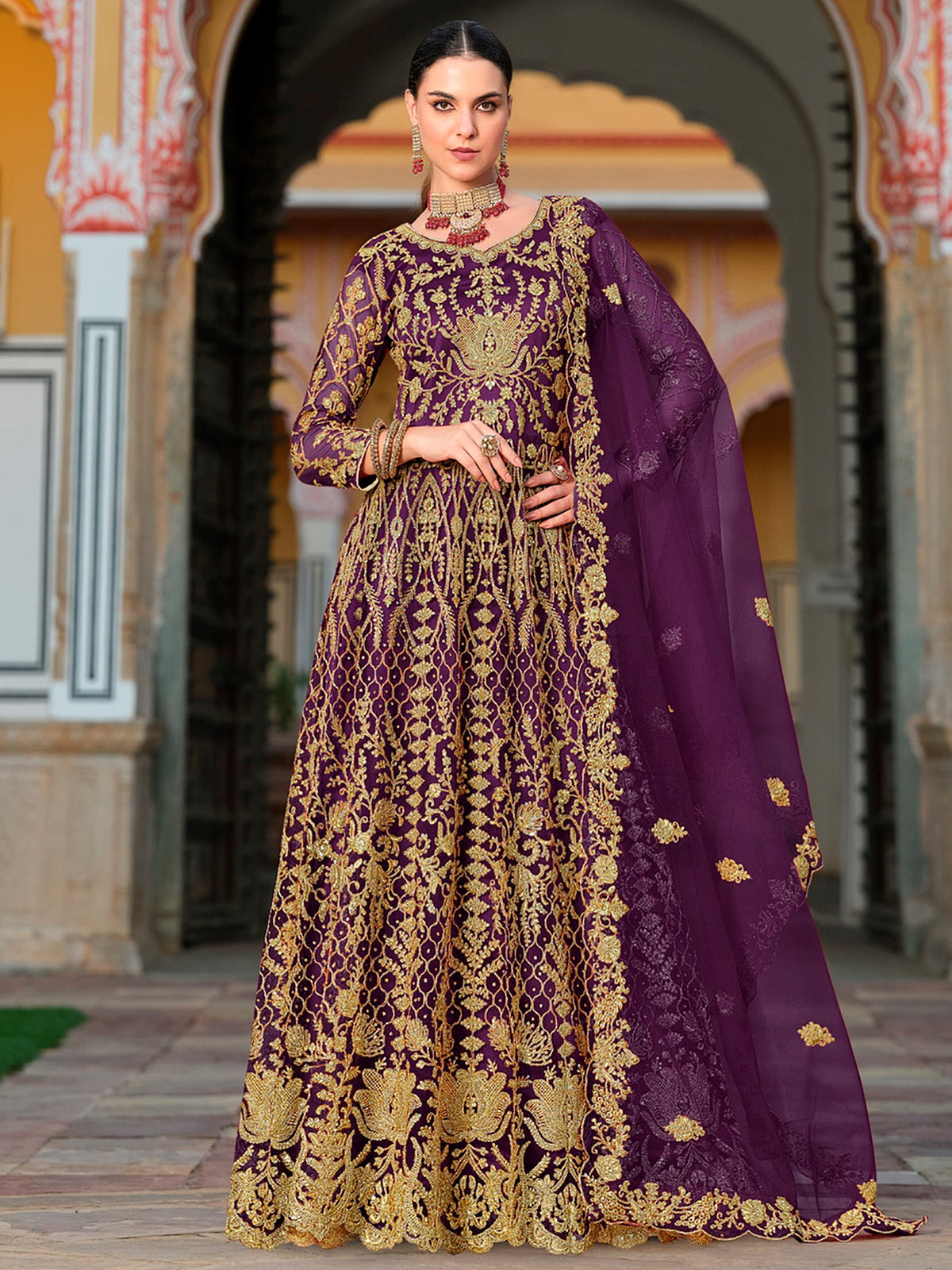 Alluring Wine Embroidered Net Reception Wear Gown With Dupatta