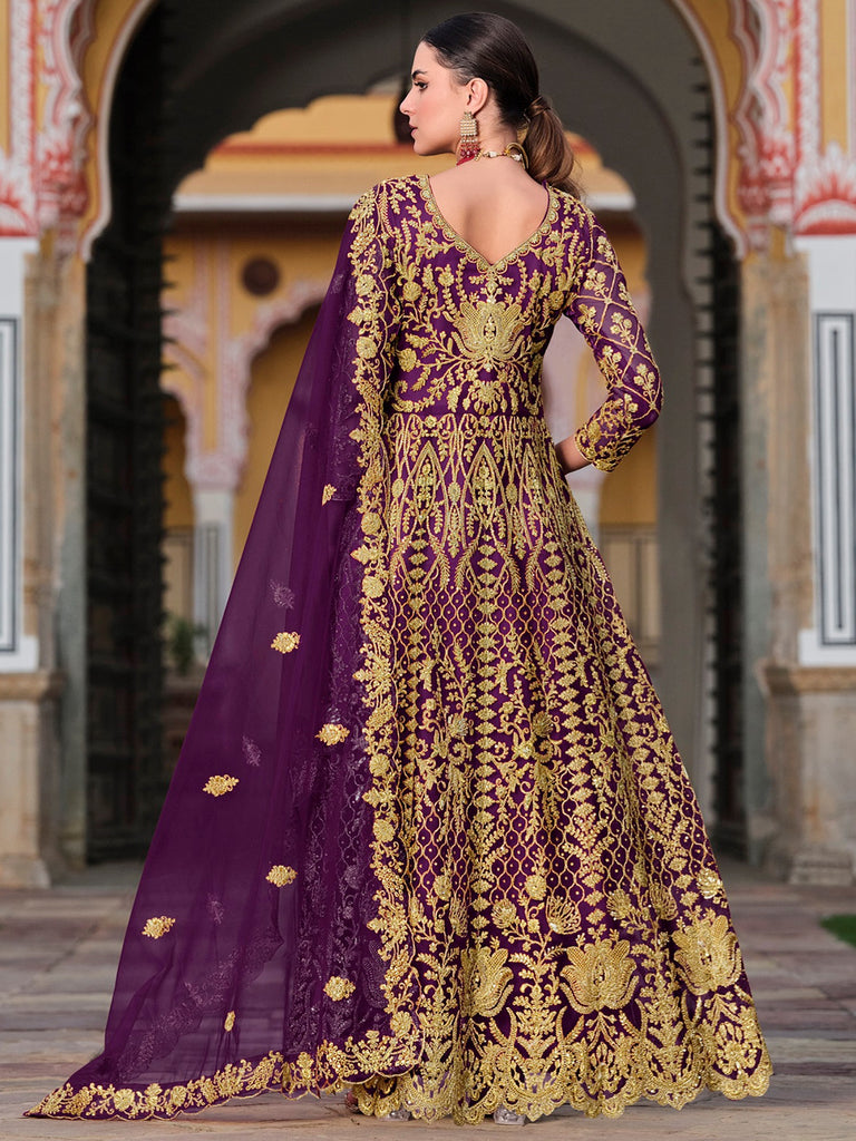 Alluring Wine Embroidered Net Reception Wear Gown With Dupatta