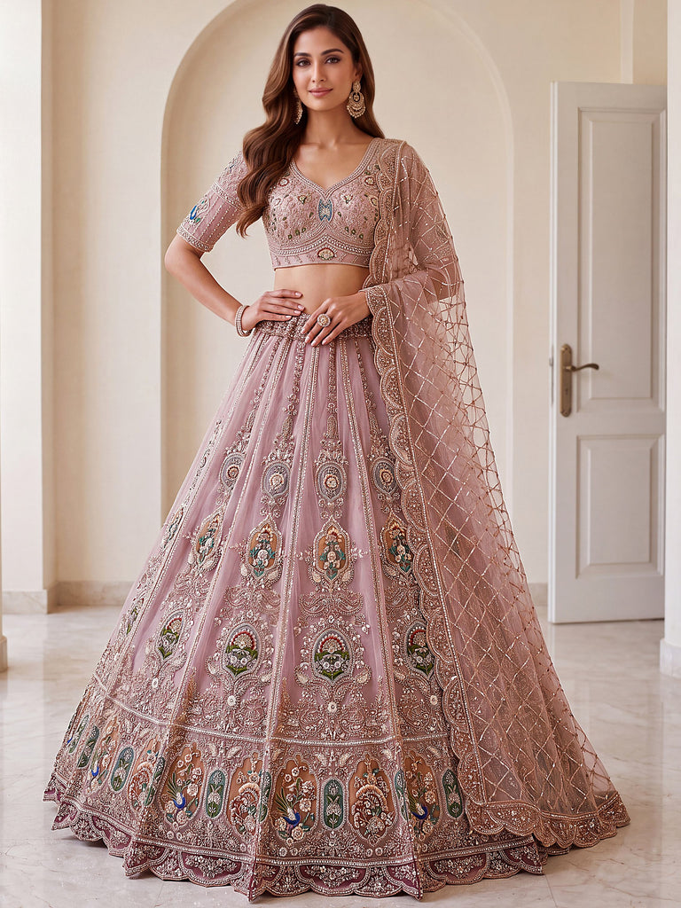 Lovable Pink Hand Work Net Engagement Wear Lehenga Choli With Dupatta